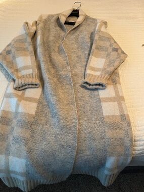 a new day Beige and Cream Plaid Open-Front Long Cardigan Sweater